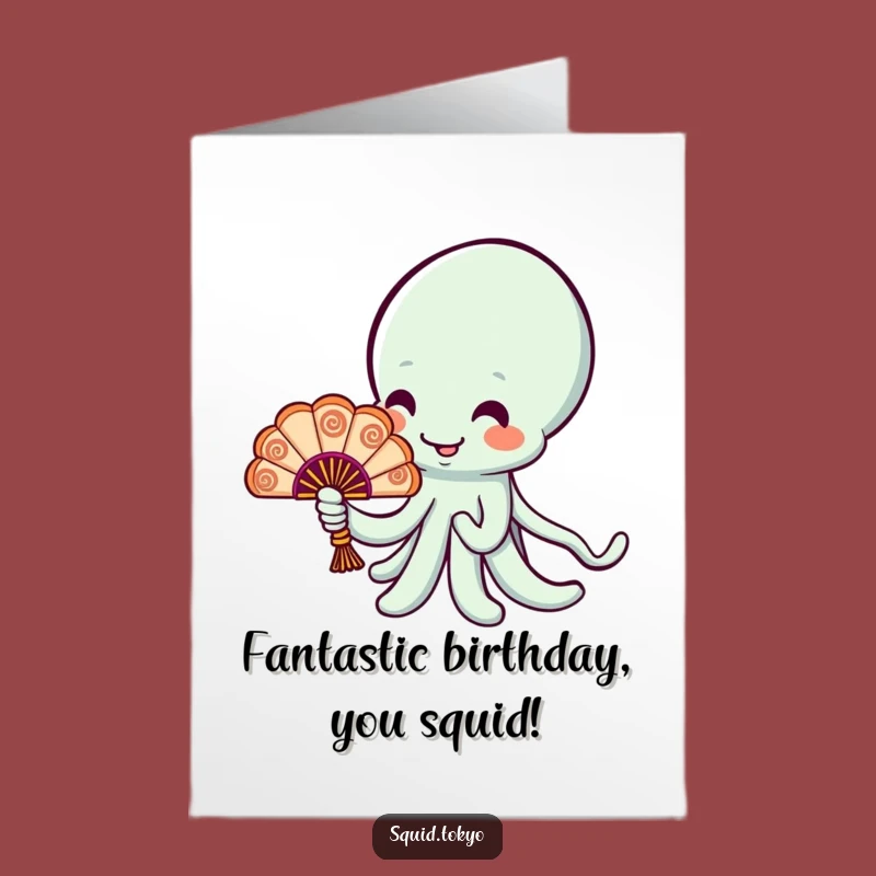 Free Printable Birthday Card: Kawaii Squid Fan Holder, Downloadable Fun for a Cool Celebration