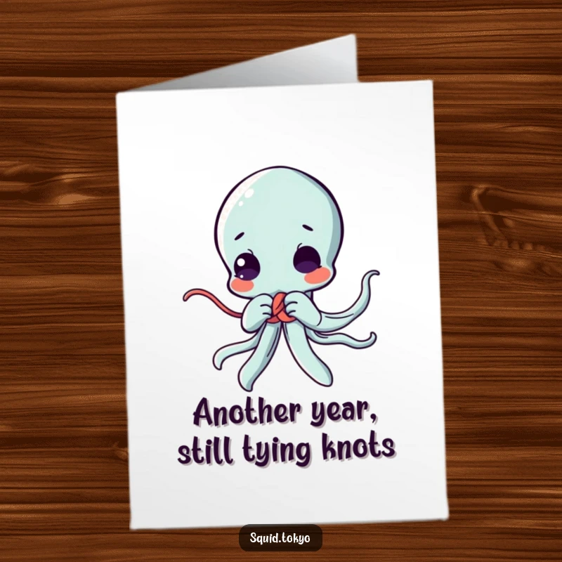 Funny Free Printable Birthday Card featuring a determined Kawaii squid character focused on tying a complex, decorative knot.