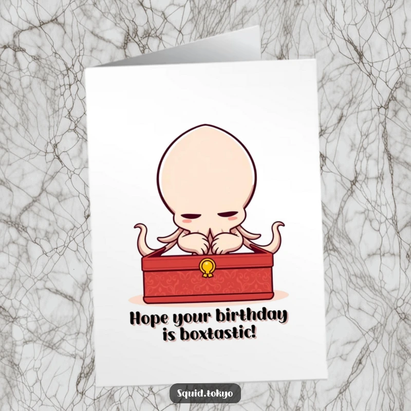 Funny Free Printable Birthday Card showing a delighted Kawaii squid character bowing elegantly with a lacquered box, conveying respect.