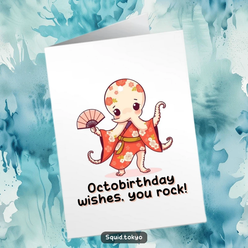 Funny Free Printable Birthday Card: Kawaii octopus in floral kimono dancing with a fan, bringing joy.