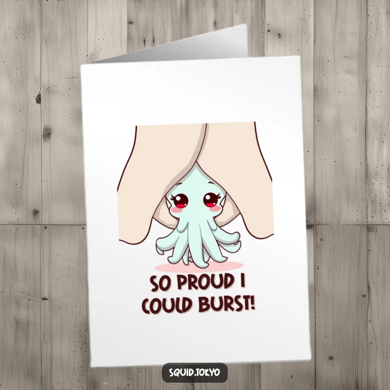 Funny Free Printable Congratulations Card showcasing a playful Kawaii squid peeking from behind big, billowy sleeves with excitement.