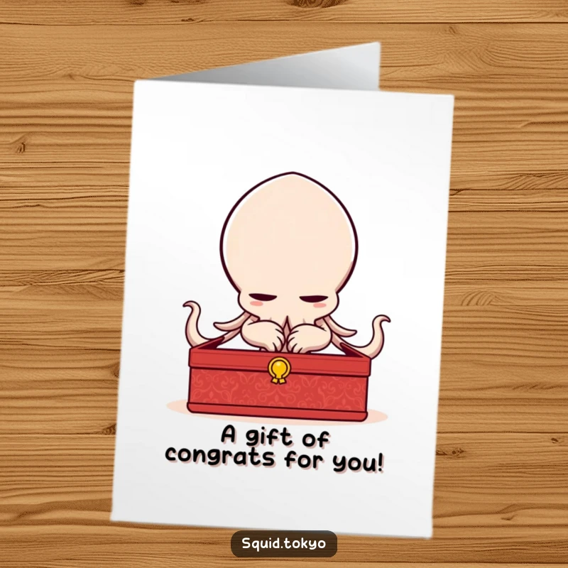 Funny Free Printable Congratulations Card featuring a delighted Kawaii squid character bowing elegantly with a lacquered box, signifying honor.