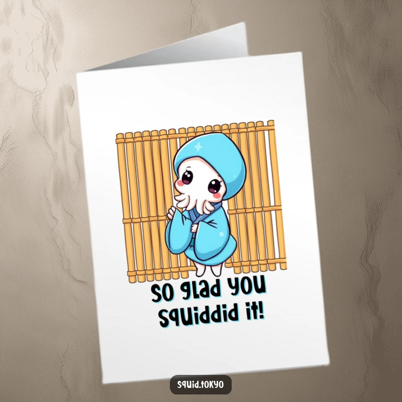 Funny Free Printable Congrats Card: Kawaii squid in blue kimono peeking playfully, congratulating success.