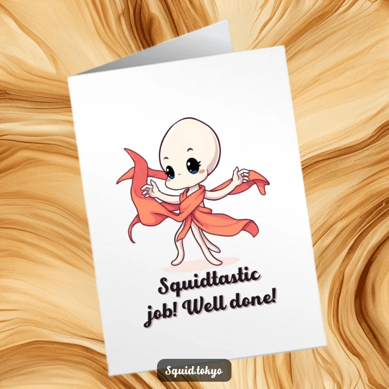 Funny Free Printable Congratulations Card featuring a Kawaii squid character twirling a vibrant silk sash in a celebratory pose.