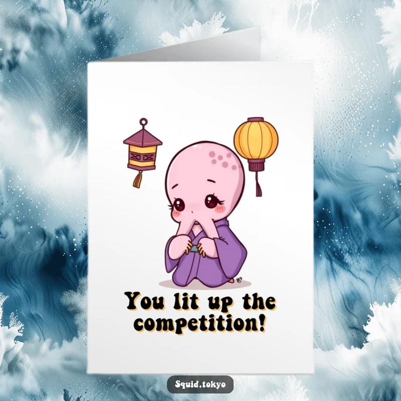 Funny Free Printable Congrats Card: Kawaii octopus in purple kimono observing a paper lantern, congratulating success.