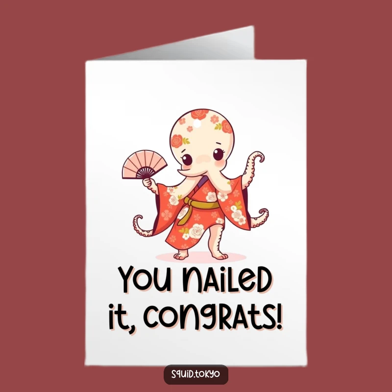 Free Printable Kawaii Octopus Fan Dance Congrats Card: Funny Downloadable Gift