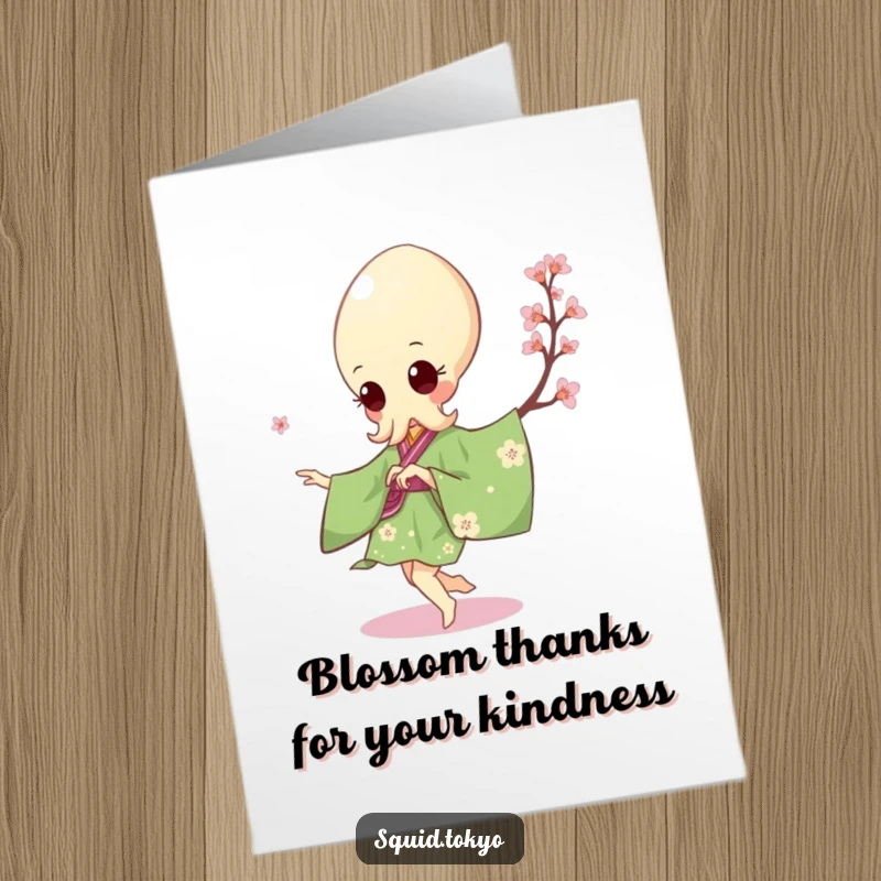 Funny Free Printable Thank You Card: Kawaii squid in green kimono with blossoms, doing a pirouette.