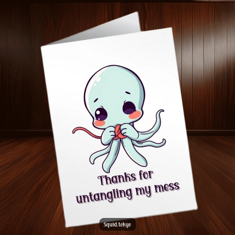 Funny Free Printable Thank You Card with a studious Kawaii squid character focused intently on tying an intricate decorative knot.