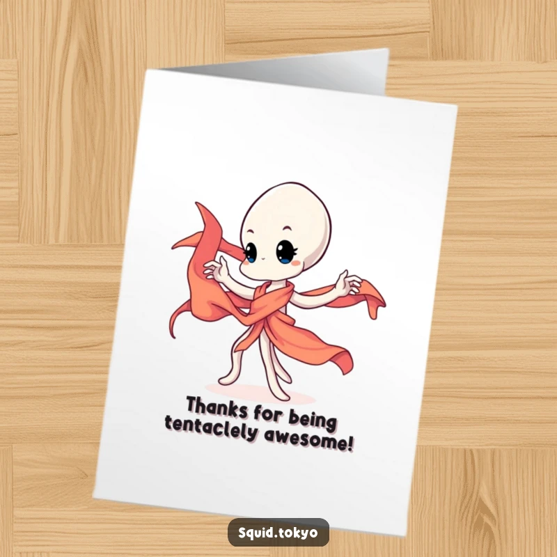 Funny Free Printable Thank You Card of a Kawaii squid character twirling a vibrant silk sash with elegant gratitude.