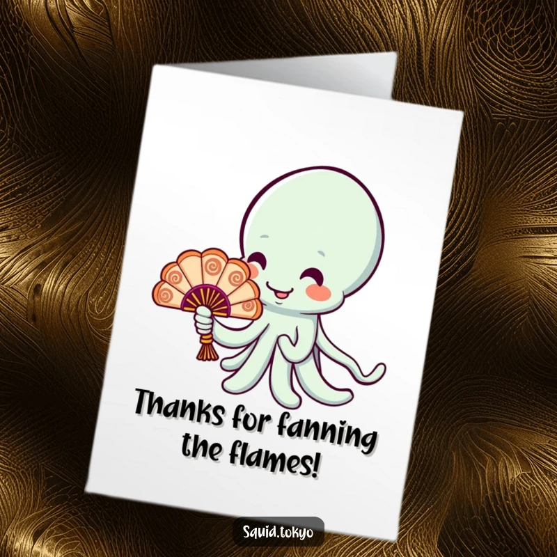 Funny Free Printable Thank You Card of a cheerful Kawaii squid character holding a tiny, ornate fan with quiet elegance.