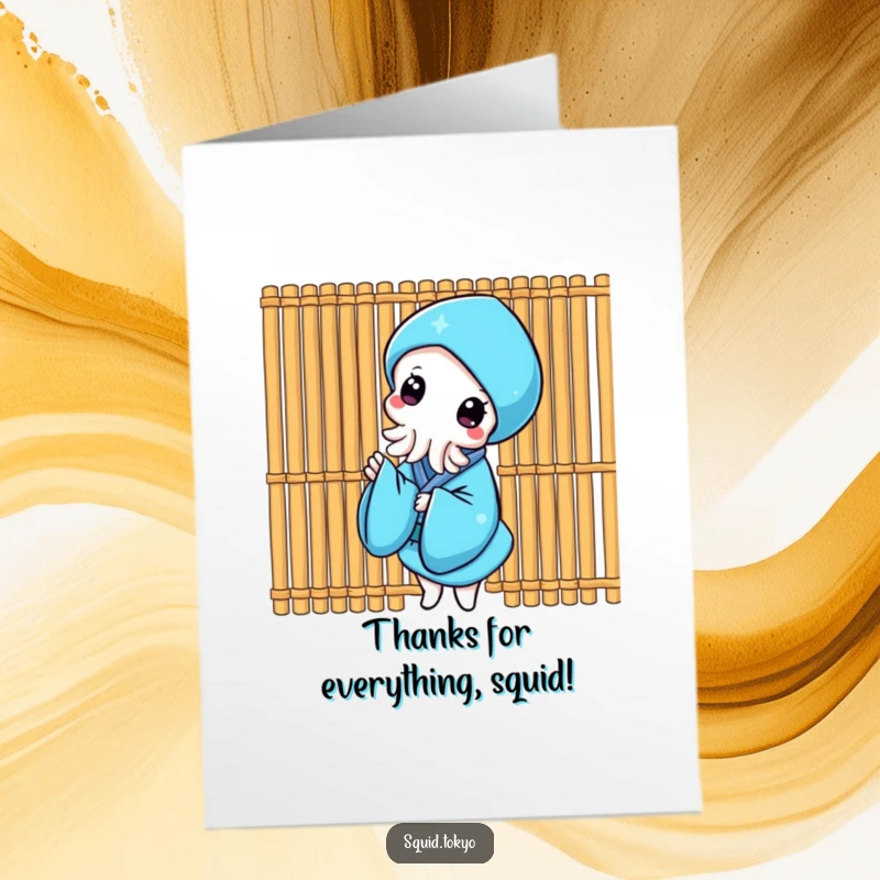 Funny Free Printable Thank You Card: Kawaii squid in blue kimono peeking from bamboo, expressing thanks.