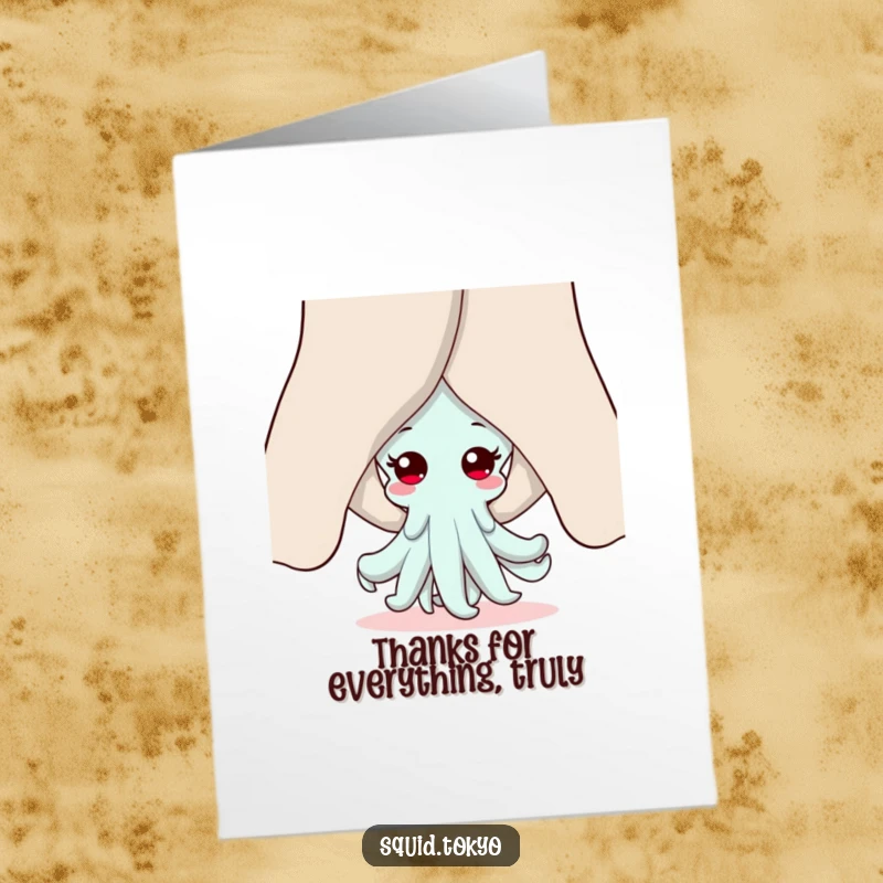 Funny Free Printable Thank You Card with a shy Kawaii squid peeking out from behind oversized, elegant sleeves.