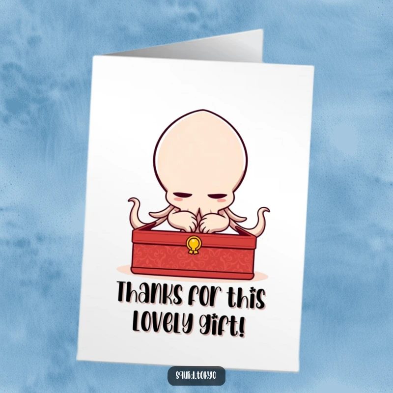 Funny Free Printable Thank You Card of a delighted Kawaii squid character bowing elegantly with a lacquered box, expressing deep thanks.