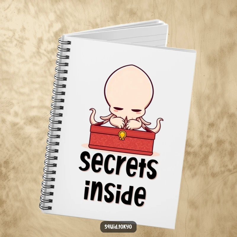 Funny Kawaii squid character bowing elegantly with a lacquered box on a notebook, ideal for elegant journaling.