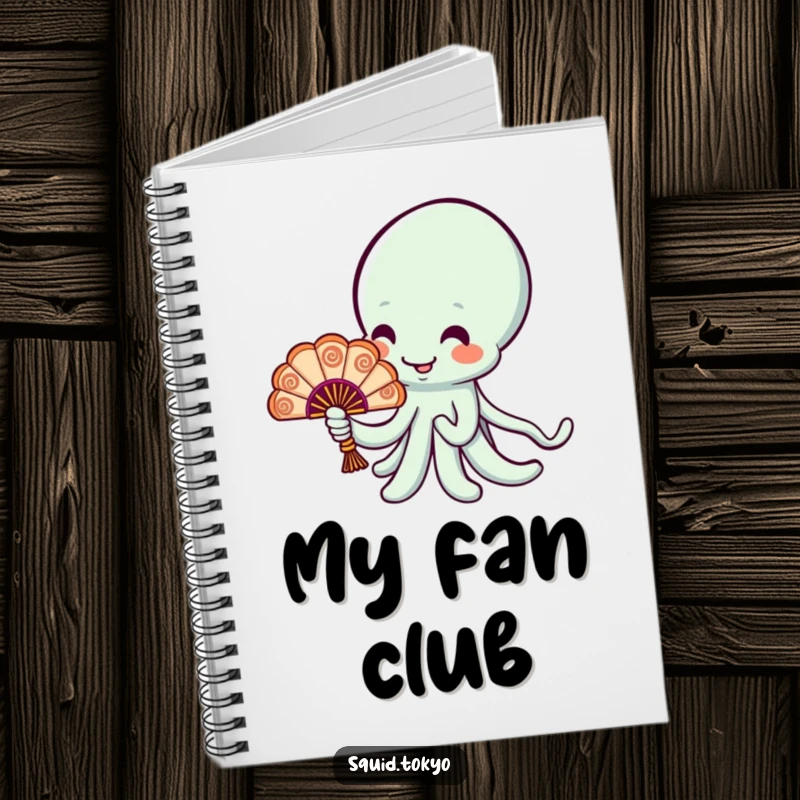 Funny Kawaii squid character holding a tiny ornate fan on a notebook, ideal for creative journaling.