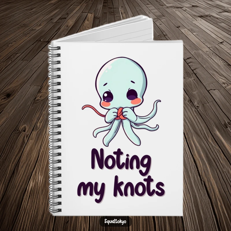 Funny Kawaii squid notebook, diligently tying a decorative knot, symbolizing focus and skill for anime fans who love to journal.