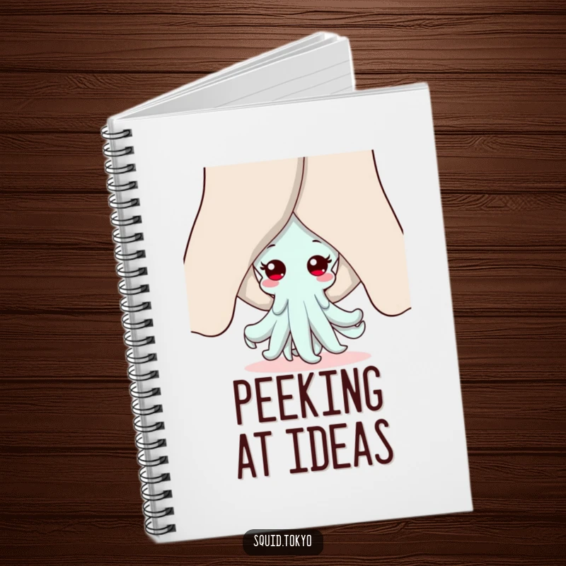 Funny Kawaii squid notebook, peeking playfully from behind sleeves, offering a cute and shy companion for writing and drawing.