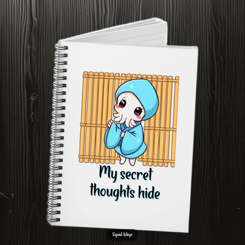 Funny Kawaii Squid Notebook: Cute squid in a blue kimono peeking from behind a bamboo screen, perfect for journaling.
