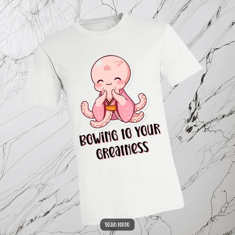Funny Kawaii Octopus T-Shirt: Adorable octopus in a pink kimono bowing gracefully with a gentle smile, stylish and humorous.