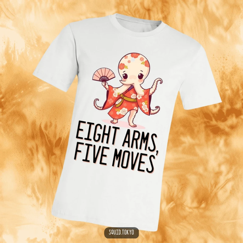 Funny Kawaii Octopus T-Shirt: Adorable octopus in a red and white floral kimono performing a fan dance with elegance.