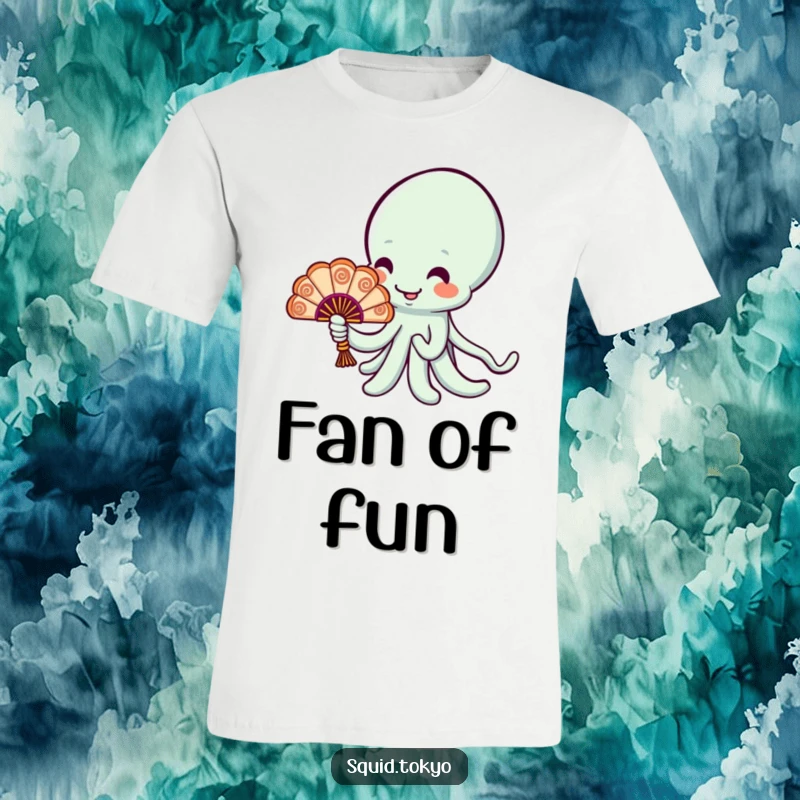 Funny cheerful Kawaii squid holding a tiny ornate fan on a t-shirt, a cute and humorous gift idea.