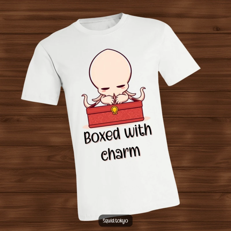 Funny delighted Kawaii squid bowing elegantly with a lacquered box on a t-shirt, a sophisticated and humorous gift.
