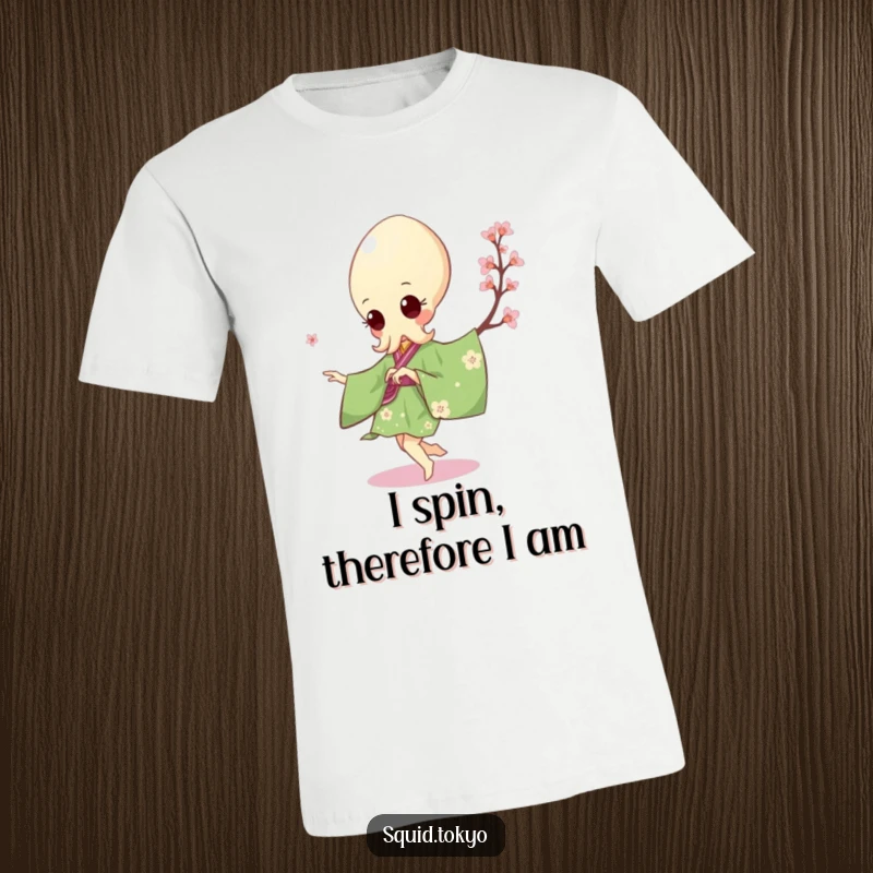 Funny Kawaii Squid T-Shirt: Adorable squid in a green kimono with cherry blossoms attempting a pirouette, stylish and humorous.
