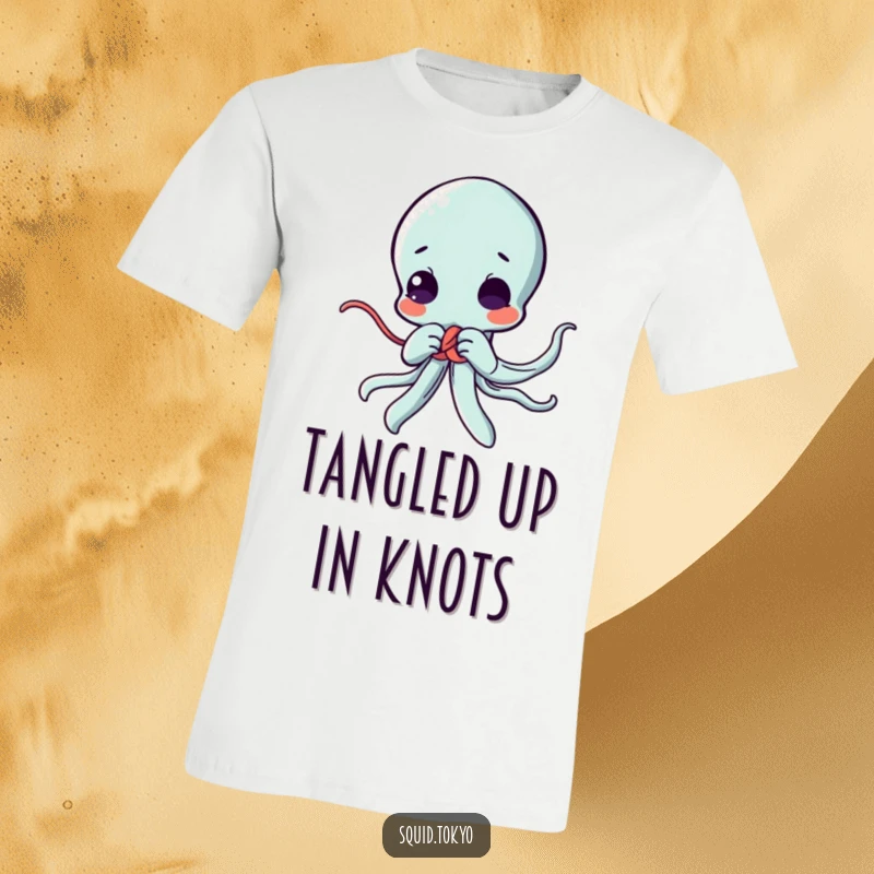 Funny Kawaii squid t-shirt, diligently attempting to tie a decorative knot, displaying concentration and adorable skill in anime style.