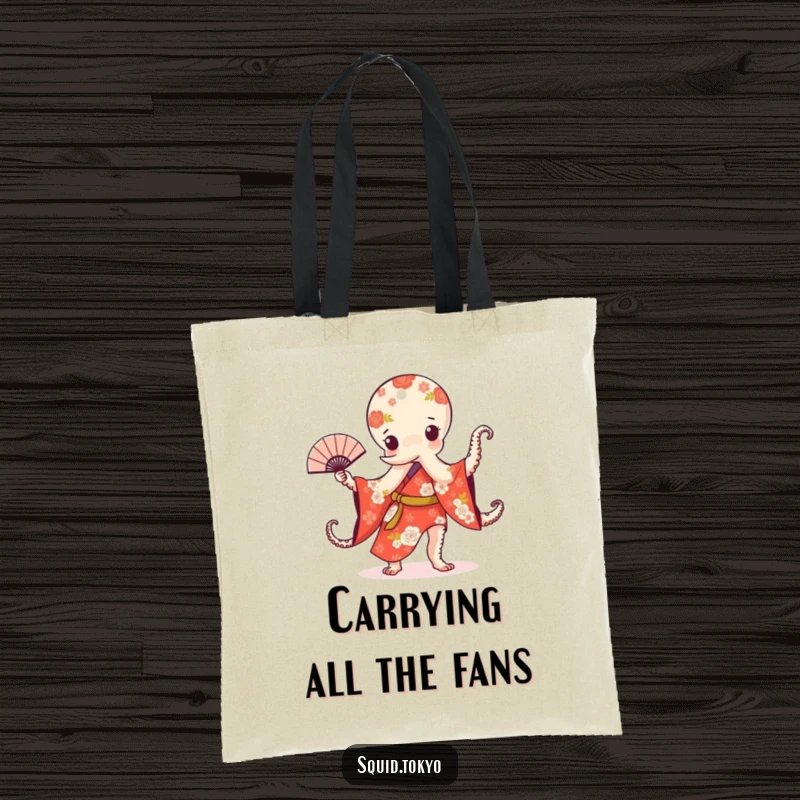 Funny Kawaii Octopus Tote Bag: Adorable octopus in a floral kimono performing a fan dance, perfect for carrying daily essentials.