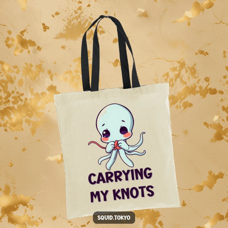 Funny Kawaii squid tote bag, focused on tying a decorative knot, showcasing cute concentration and skill for anime fans on the go.