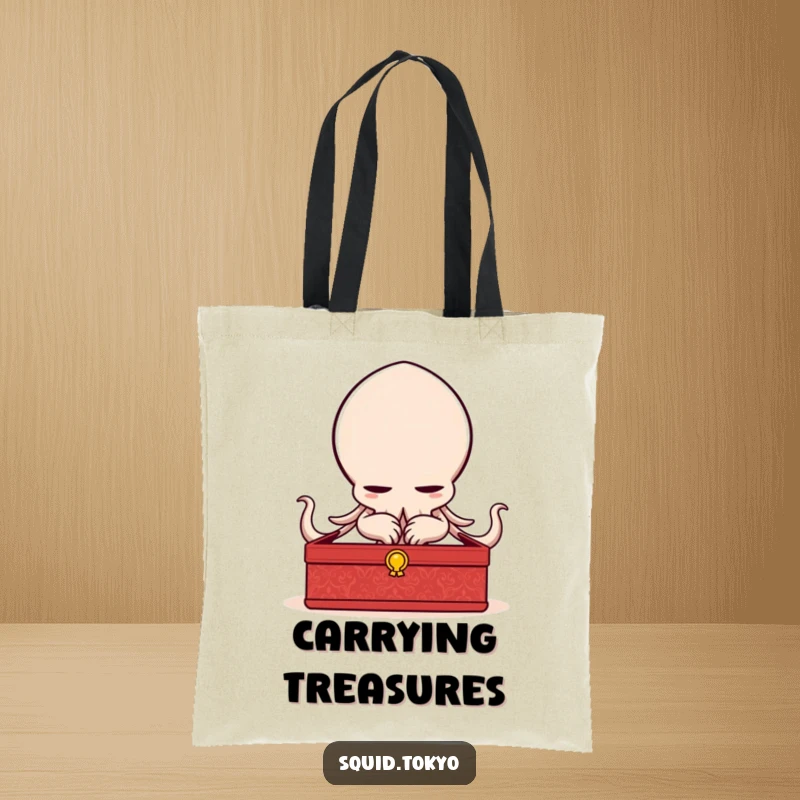 Funny delighted Kawaii squid bowing elegantly with a lacquered box on a tote bag, a stylish and humorous accessory.