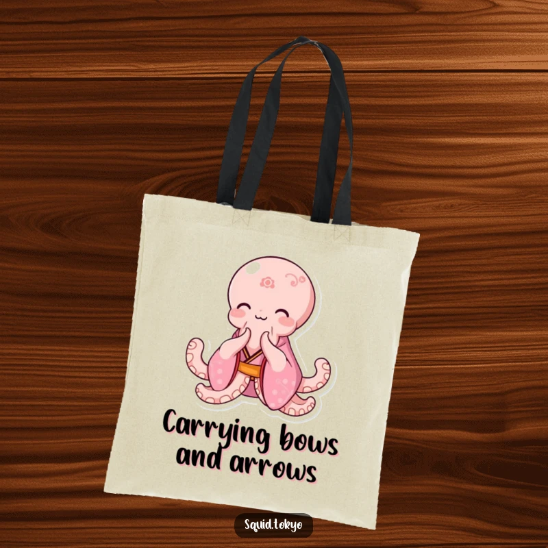 Funny Kawaii Octopus Tote Bag: Adorable octopus in a pink kimono bowing gracefully, perfect for carrying essentials with style.