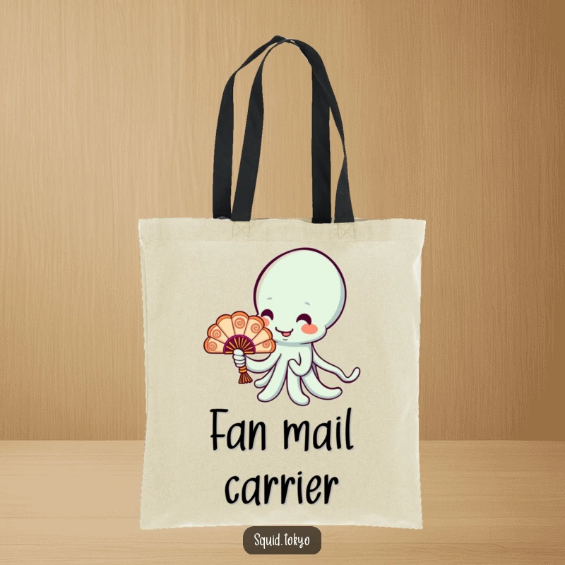 Funny cheerful Kawaii squid holding a tiny ornate fan on a tote bag, a stylish and humorous accessory.