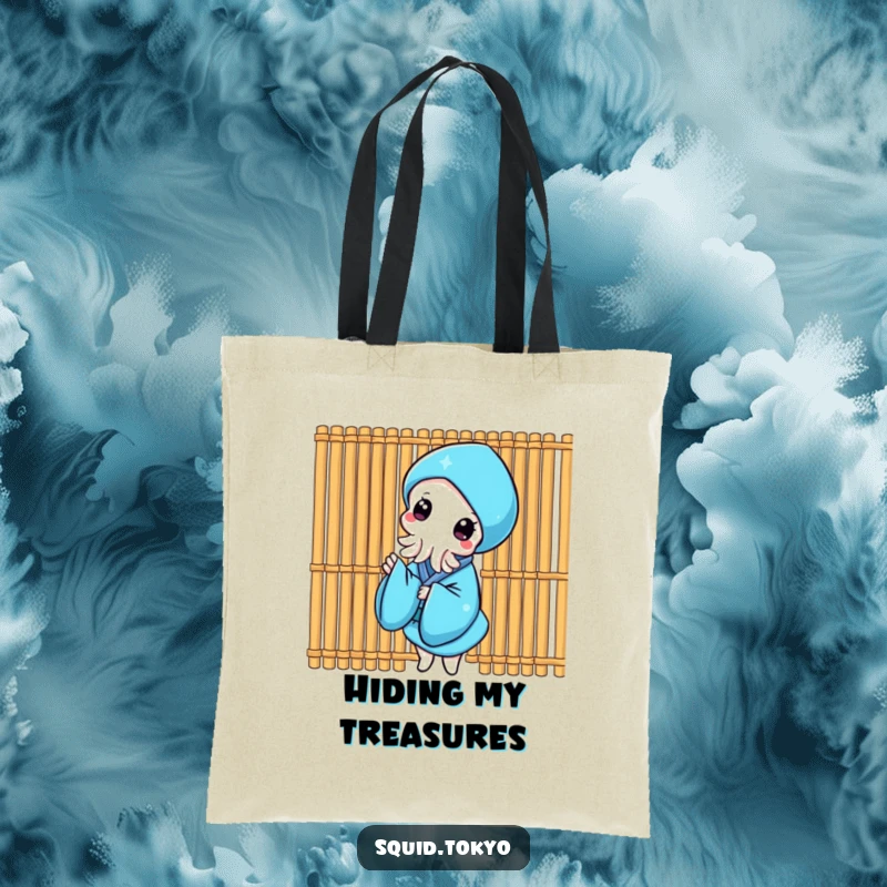 Funny Kawaii Squid Tote Bag: Adorable squid in a blue kimono peeking from behind a bamboo screen, a cute and funny accessory.
