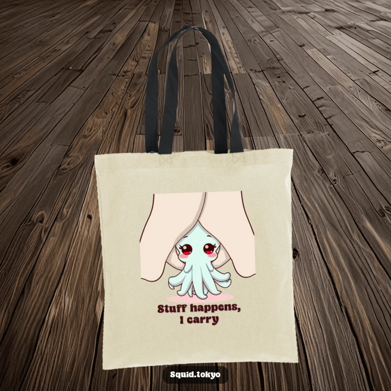 Funny Kawaii squid tote bag, peeking from behind sleeves, with a cute and shy expression, perfect for shoppers who love anime.